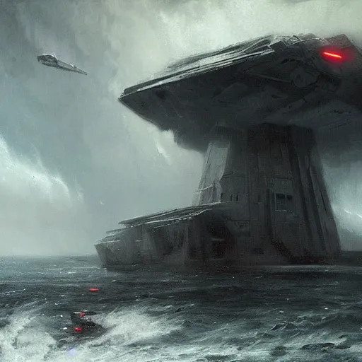 Image similar to star wars concept art by greg rutkowski, a brutalist giant tower in the middle of a raging and stormy ocean, lightning storm and gale force winds, dark environment, dramatic atmosphere, artstation hq.