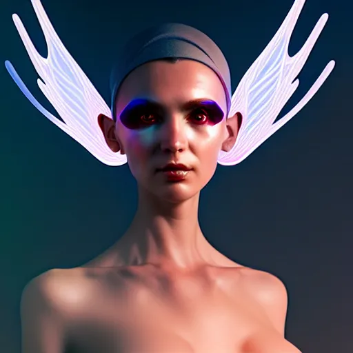 Prompt: futuristic female bird avatar with digital wings, hyper detailed face and eyes, lofty flight, centered, sharp focus, soft lighting by awarded concept art, wisdom, digital art 8 k hd, artstation, unreal engine 5