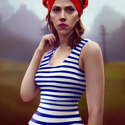 Prompt: fullbody portrait of scarlett johansson in white blue striped sleeveless, dress, russian ww 1 village at background, red headband, style ivan talavera and artgerm, radiant lighting, hyper realistic, photorealistic, octane render, trending on artstation, cgsociety, cinematic light, global illumination