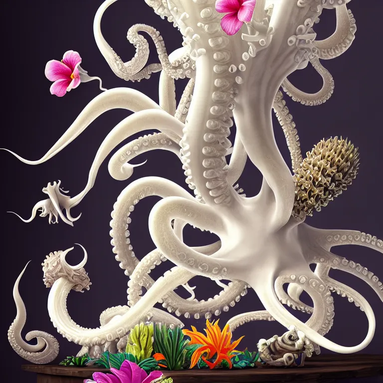 Image similar to still life of tropical flowers, white alien squid, white octopus, tropical flowers, surreal alien ribbed tropical fruit, white human spine, baroque painting, beautiful detailed intricate insanely detailed octane render trending on Artstation, 8K artistic photography, photorealistic, chiaroscuro, Raphael, Caravaggio