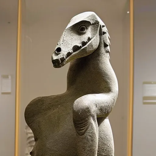 Image similar to ancient Irish, photo of stone carved statue of a dinosaur, romanesque style, in a museum room