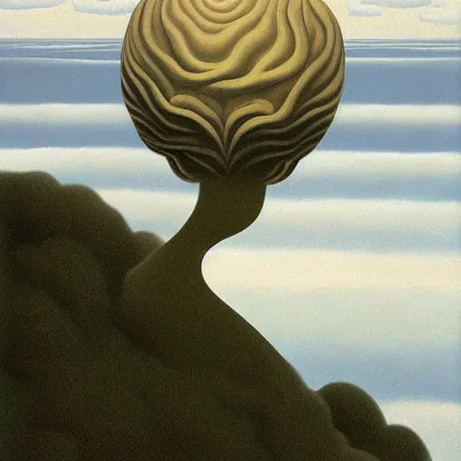 Prompt: very detailed, beautiful painting of bjork levitating above the wavy ocean into a gray sky. shaded. art by rene magritte, 1 9 2 7. oil on canvas.