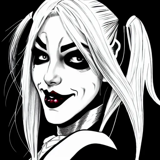 Image similar to a pretty harley quinn headshot portrait, drawn in black and white ink, manga panel style, wlop, trending on artstation