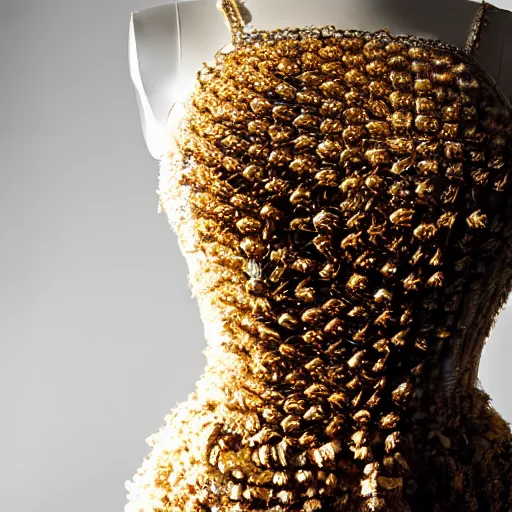 Image similar to a beautiful dress made of a real bee hive, on a mannequin. high resolution, studio lighting