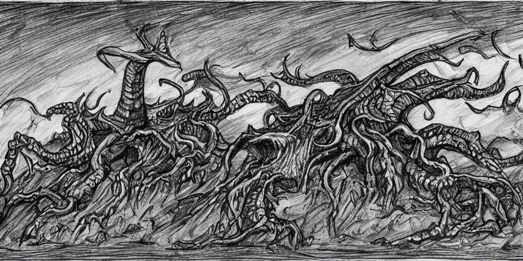 Prompt: a High quality landscape drawing of a plane of hell for eldritch beasts