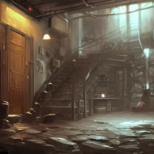 Prompt: a detailed concept art of a basement, by wlop