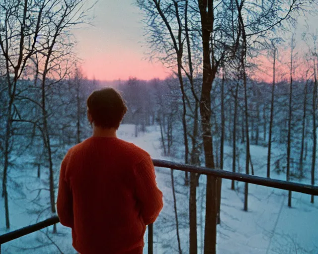 Image similar to award - winning lomographic tarkovsky film still of 4 0 years russian man with beard and sweater standing on small hrushevka 9 th floor balcony in taiga looking at sunset, kodak ektar, bokeh