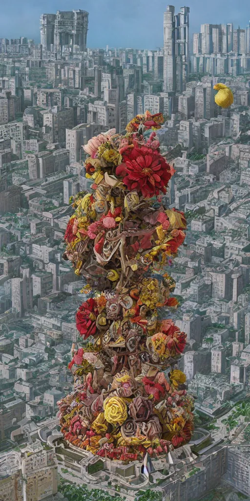 Image similar to colossal grotesque flower made from unfulfilled communist dreams in the middle of abandoned post soviet constructivist cityscape, Stalinist architecture, ultradetailed, Intricate by Hayao Miyazaki and Josan Gonzalez and Makoto Shinkai and Giuseppe Arcimboldo and Wes Anderson