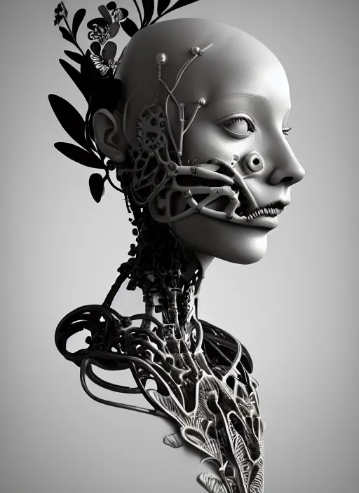 Prompt: monochrome 3 d model, biomechanical young female cyborg with porcelain profile face and a big floral eye, volumetric light, big leaves foliage and stems, hibiscus flowers, boho floral vines, sinuous fine roots, fine foliage lace, alexander mcqueen, rim light, art nouveau fashion pearl embroidered collar, steampunk, octane render, 8 k