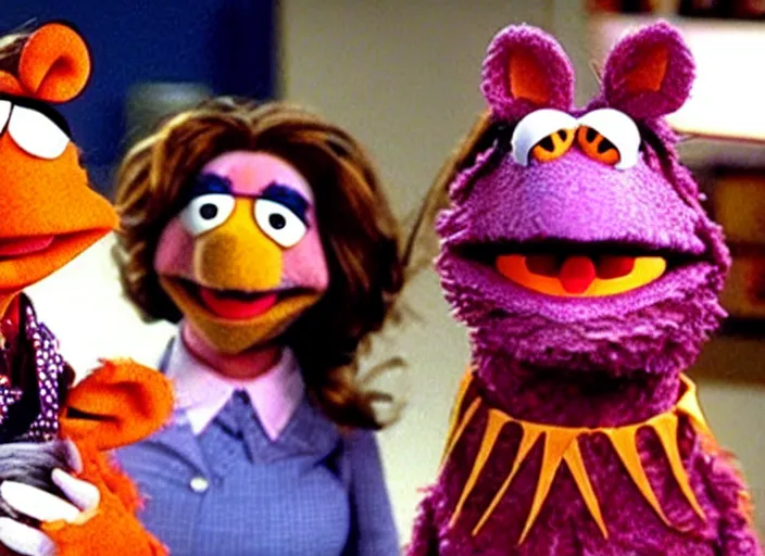 Prompt: film still of!!! muppet muppet!!!!! pam beesly as a muppet muppet muppet as a muppet as a muppetin the tv show the office