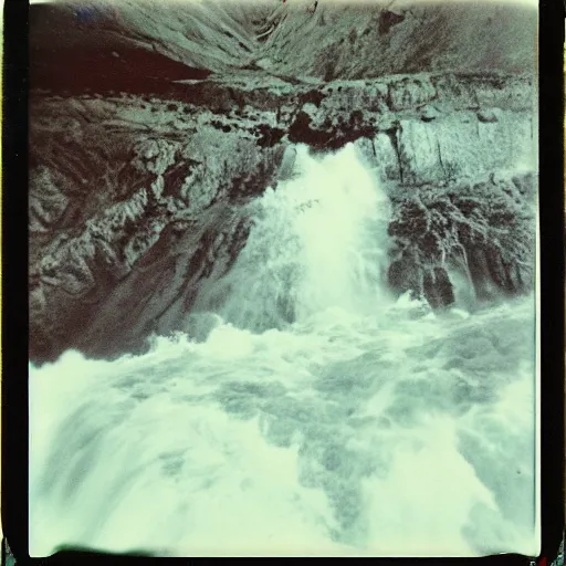 Image similar to a deep dark caldera with rushing water at the bottom, creepy, eerie, unsettling, terrifying, jagged rocks, dark, old polaroid, expired film,