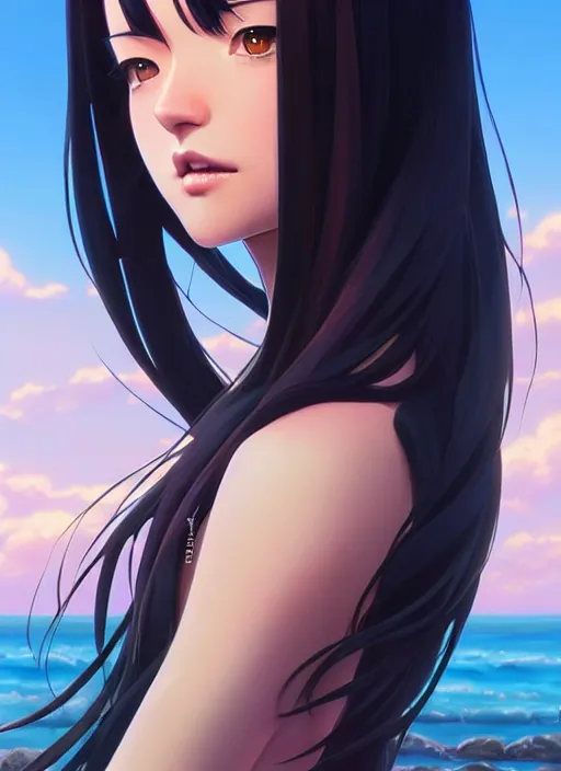 Image similar to a beautiful girl with long black hair in, island background, intricate, highly detailed, digital painting, artstation, official media, anime key visual, concept art, rich vivid colors, ambient lighting, sharp focus, illustration, art by Artgerm, Makoto Shinkai, Ilya Kuvshinov, Lois Van Baarle, and Rossdraws