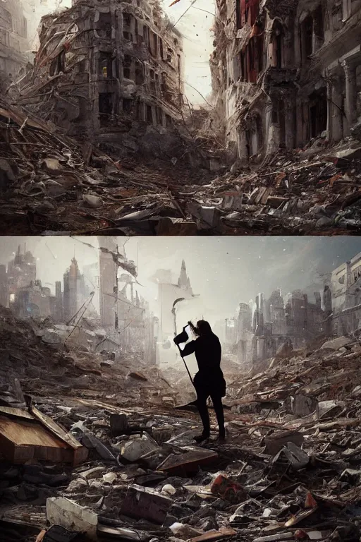 Image similar to a portrait of a cellist playing in the rubble of a fallen building, beautifully lit, slightly surreal, artstation