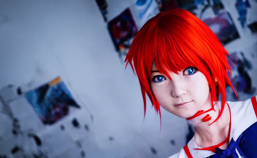 Image similar to A girl making cosplay of Asuka from Evangelion, cinematic photo, studio quality, 4k