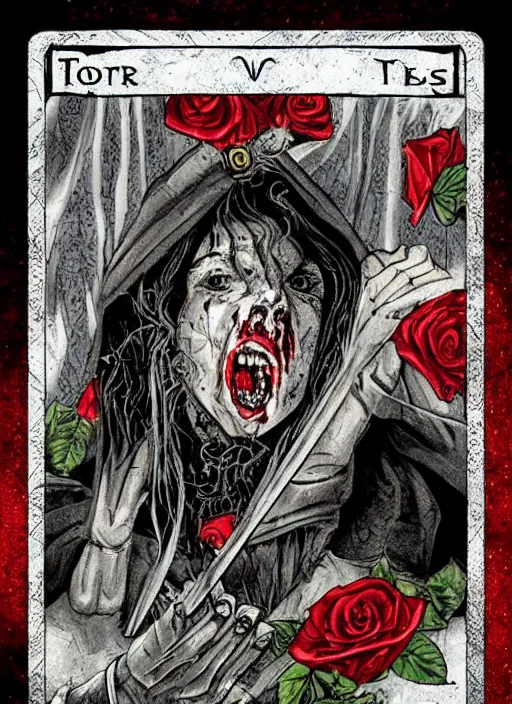 Image similar to tarot card :: horror :: vampire :: blood and roses :: by deiv calviz and bossmonsterbani