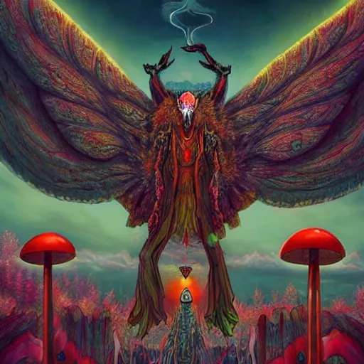 Image similar to A centered chest up portrait of a psychedelic godlike mothman with giant mandala wings smoking a hand-rolled cigarette smoking heavily , magic mushroom village in background , award winning. superb resolution. in the art style of junji Ito and greg rutkowski . Detailed Mushroom city in background. Hyper realistic anime. Perfect art. Dalle2