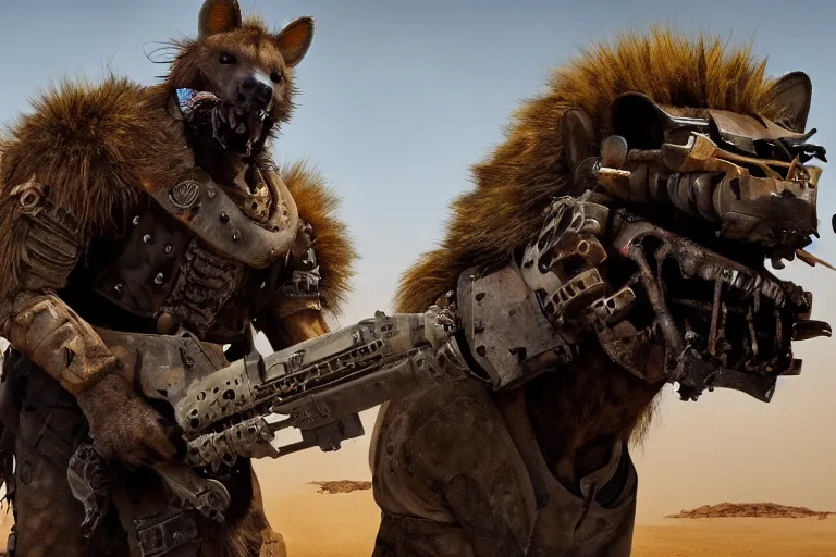 Image similar to a good ol'hyena fursona ( from the furry fandom ), heavily armed and armored facing down armageddon in a dark and gritty version from the makers of mad max : fury road. witness me.