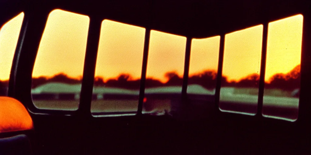 Image similar to greyhound bus interior, sunset, eerie vibe, leica, 2 4 mm lens, cinematic screenshot from the 2 0 0 1 film directed by charlie kaufman, kodak color film stock, f / 2 2, 2 4 mm wide angle anamorphic