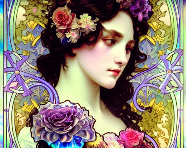 Image similar to overlord, rococo and art nouveau fusion, iridescent diaphanous refractive and reflective flower bouquet, tarot card, highly detailed, deep focus, elegant, digital painting, smooth, sharp focus, illustration, ultra realistic, 8 k, art by artgerm and alphonse mucha