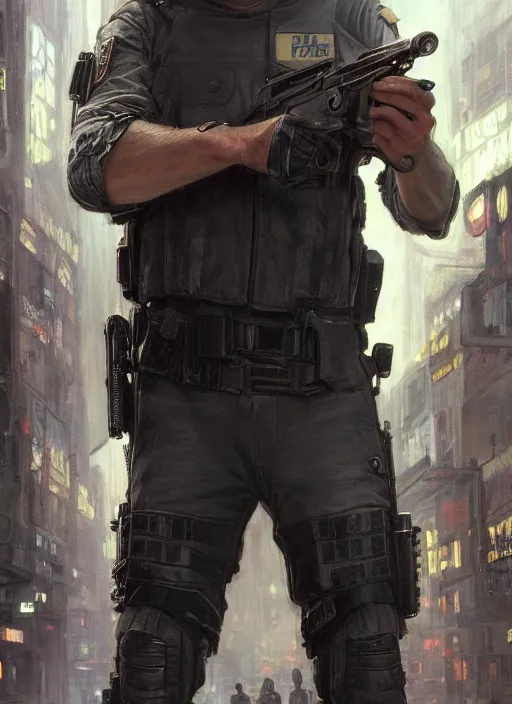 Image similar to andy griffith. cyberpunk police trooper in a military vest ( blade runner 2 0 4 9, cyberpunk 2 0 7 7 ). orientalist portrait by john william waterhouse and james gurney and theodore ralli and nasreddine dinet, oil on canvas. cinematic, hyper realism, realistic proportions, dramatic lighting, high detail 4 k