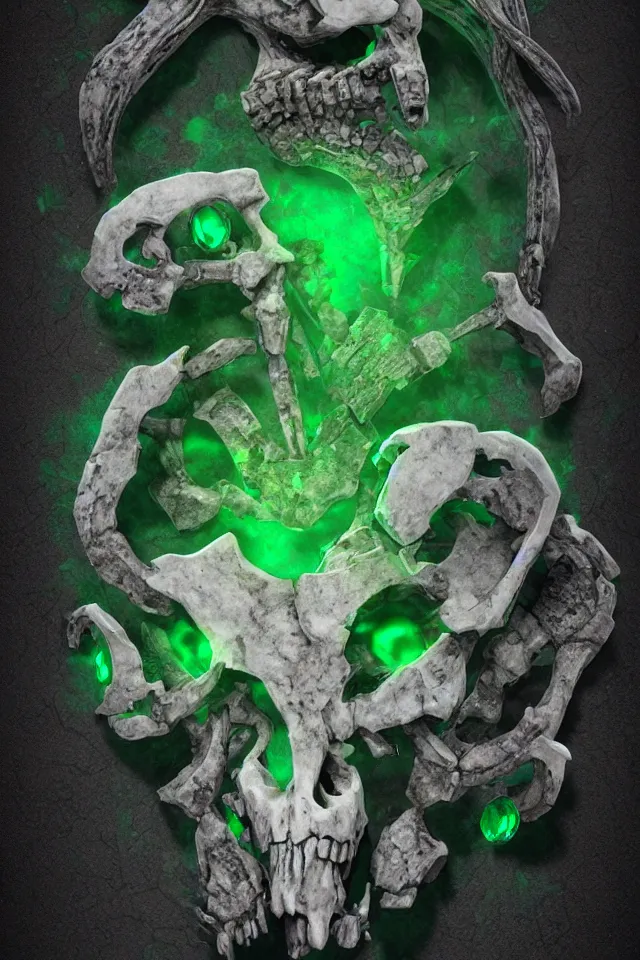 Prompt: an ancient white bone and emerald gemstone relic, intricate engraving, concept art style, 3D, Unreal Engine