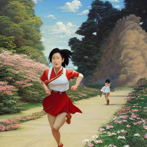 Image similar to portrait of a north korean woman running, an oil painting by ross tran and thomas kincade, studio ghibli