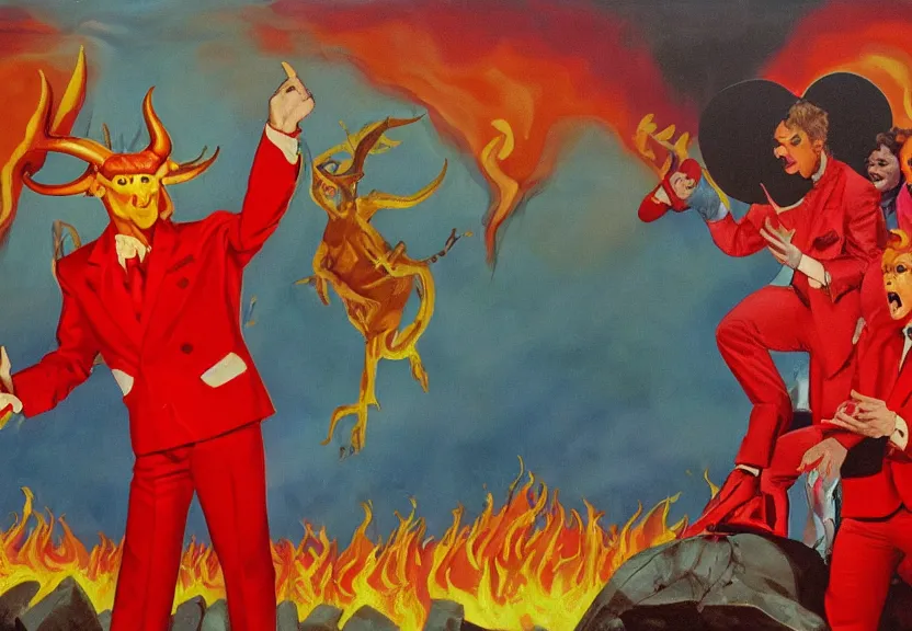 Prompt: A retro 1980s game show being hosted by a charming-looking horned Satan devil in a colorful red suit at center-stage, in front of a live studio audience of demons and strange creatures in the bleachers, in the middle of a cavernous firey molten landscape of Hell, oil on canvas, painting, cohesive, stylistic, trending on Artstation, 4k, wide shot