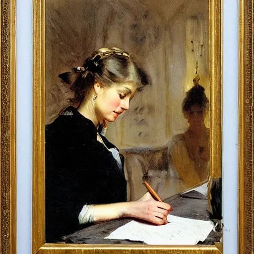 Image similar to a woman is writing a letter with a golden feather pen, by anders zorn, oil painting