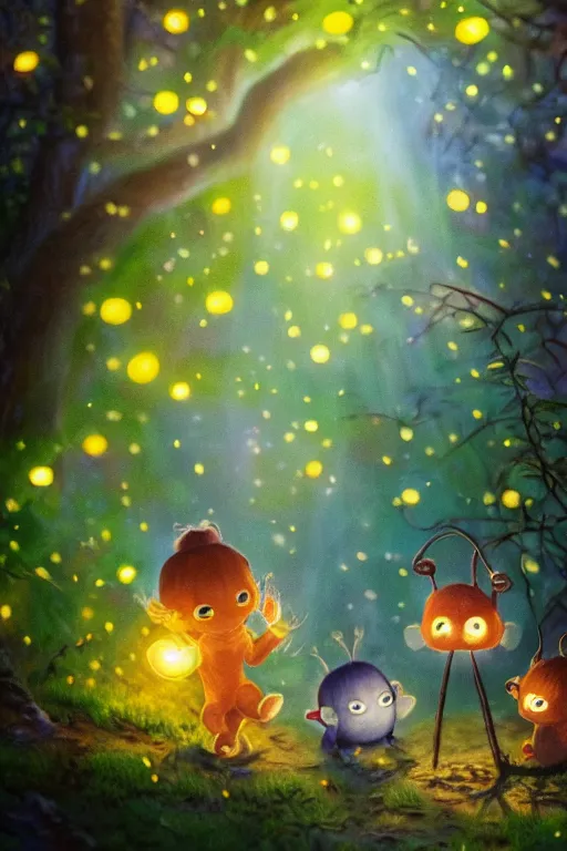 Prompt: Cute fireflies in a magical forest, oil canvas art by Basia tran fader, Katie Risor, Sandie Sonke and Maurice Sendak, 8k, ultra realistic , lens flare, atmosphere, glow, detailed,intricate, full of colour, cinematic lighting, trending on artstation, 4k, hyperrealistic, focused, extreme details,unreal engine 5, cinematic, masterpiece