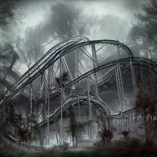 Image similar to abandoned theme park with large rollercoaster that has vines hanging from it, also a carusell with creepy look, matte painting, sharp focus, fog, hazy, heavy atmosphere, desaturated, highly detailed, artgerm, caravaggio, rutkowski