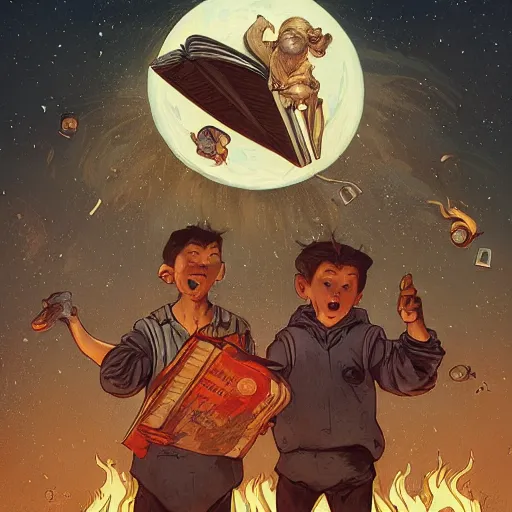 Image similar to [two monkeys throwing books in a bonfire, behind them space rockets are taking off. propaganda, closeup, D&D, intricate, elegant, highly detailed, digital painting, artstation, concept art, matte, sharp focus, illustration, art by Artgerm and Greg Rutkowski and Alphonse Mucha and Enki Bilal]