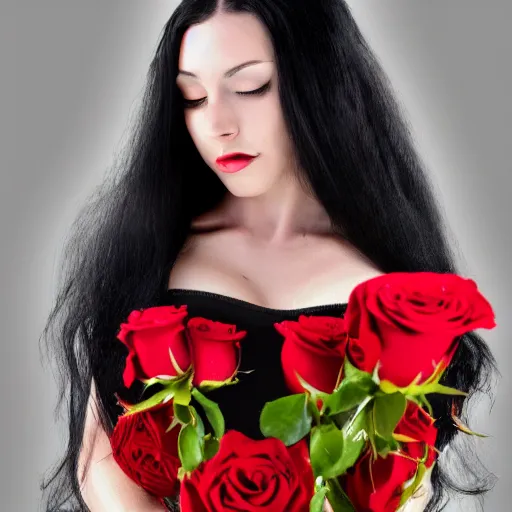 Image similar to long black haired haired woman wearing red and black clothes holding a red rose, highly detailed, 4k