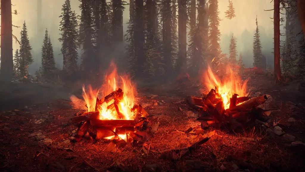 Prompt: beautiful closeup render of a campfire, unreal engine, smoke, sparks, night, soft light, forest, hut, camp, aurora by greg rutkowski, cgsociety