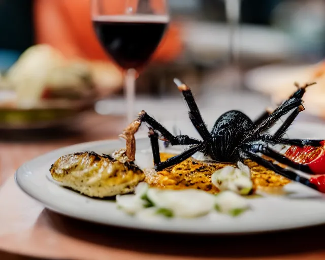 Prompt: 8 5 mm food photography of a grilled spider at a restaurant with dof and bokeh and wine glasses out of focus in the background. highly detailed 8 k. intricate. lifelike. soft diffused light. nikon d 8 5 0.