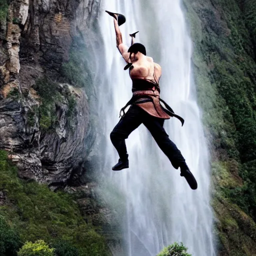 Image similar to man with sword jump of the cliff in front of the waterfall, dragons flying around, anime, cartoon, superhero, naruto