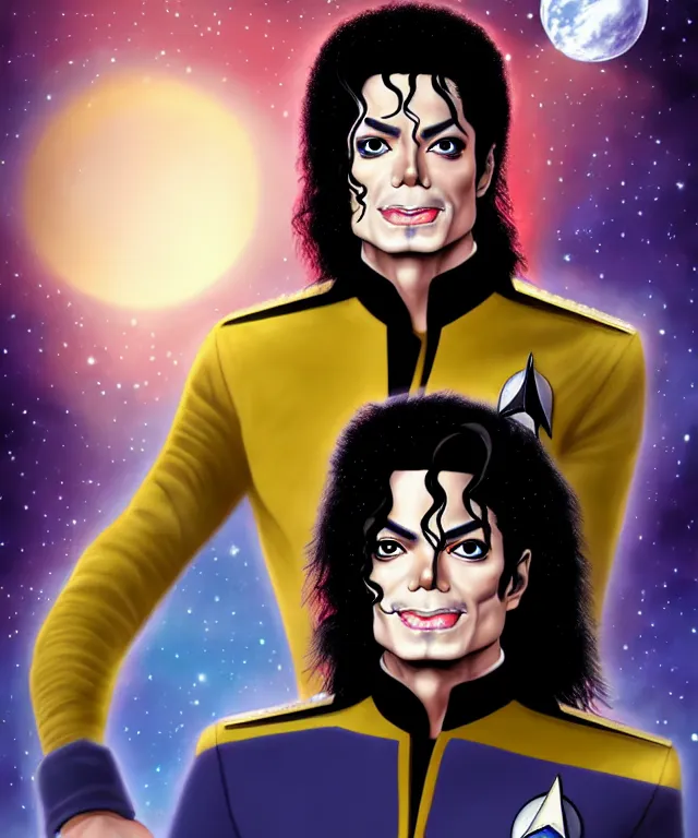 Image similar to fantasy comic style portrait of ( michael jackson ) as a starfleet officer, digital illustration by ken taylor and sana takeda, hd, 4 k, intricate, highly detailed!!, character design, cover art, award winning