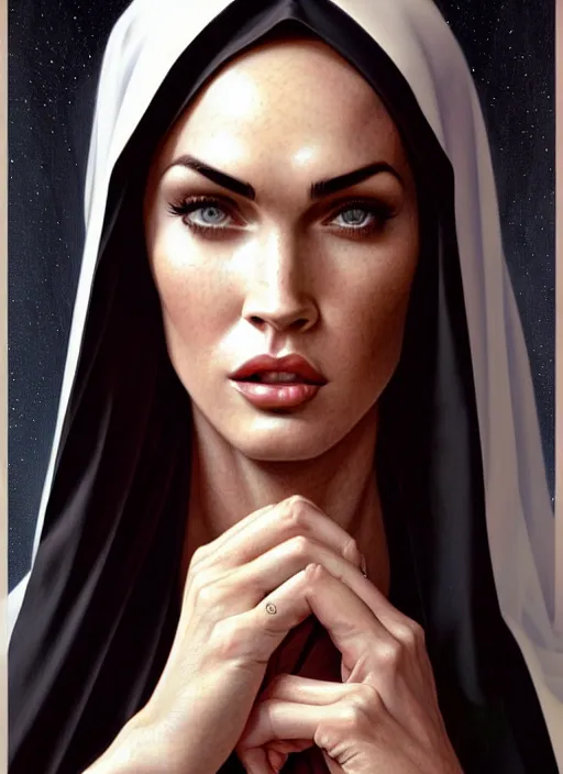 Prompt: portrait of megan fox as a sultry nun, bible, catholic, religion, cross, prayer, church, intricate, headshot, highly detailed, digital painting, artstation, concept art, sharp focus, cinematic lighting, illustration, art by artgerm and greg rutkowski, alphonse mucha, cgsociety