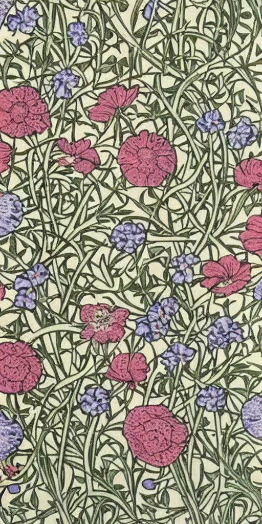 Prompt: spring flowers, happy, beautiful, style of william morris print