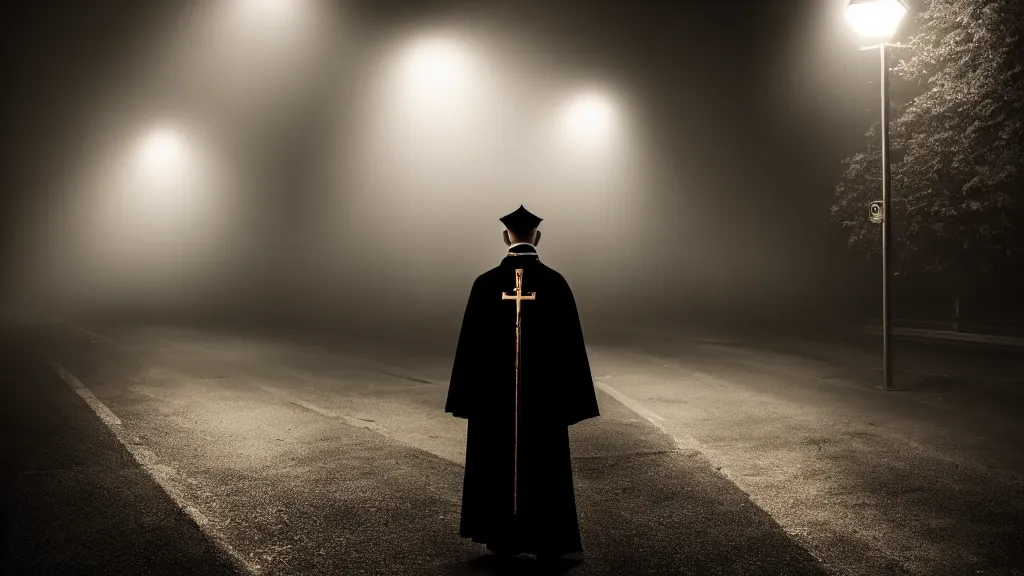 Image similar to portrait of a priest in profile under street light, fog, volumetric lighting, mystique, atmospheric, sharp focus, ultra detailed, noir art house, 4 k, cinematic, 3 5 mm