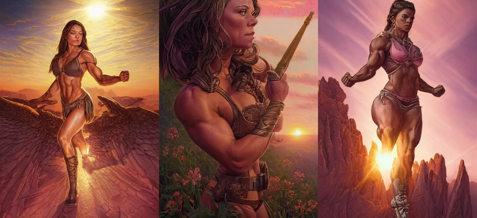 Prompt: epic portrait of a very strong muscled Amazon heroine, sun beams across sky, pink golden hour, intricate, elegance, highly detailed, shallow depth of field, epic vista, concept art, art by Artgerm and Donato Giancola, Joseph Christian Leyendecker, Mila Kunis, Mila Kunis, Mila Kunis, Mila Kunis, Mila Kunis, Mila Kunis, Mila Kunis, Mila Kunis, Mila Kunis, Mila Kunis