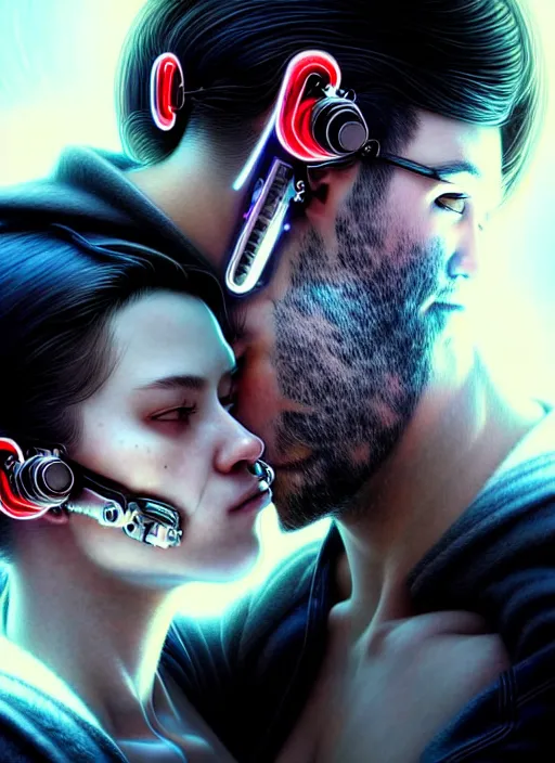 Prompt: ultra realistic close - up of a couple of cyborgs lovers, kissing, passion, cyberpunk, sci - fi, fantasy, kodak, photorealistic illustration, colour led, soft light, volumetric lighting, night, intricate, highly detailed, digital painting, concept art, smooth, sharp focus, illustration, art by artgerm and greg rutkowski and alphonse mucha