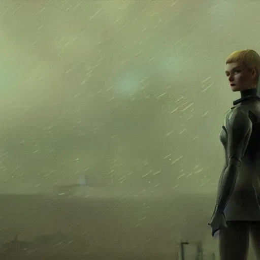 Image similar to silhouette of Elle Fanning in the world of Fallout 3, stormy weather, extremely detailed masterpiece, oil on canvas, low-key neon lighting, artstation, Blade Runner 2049, Roger Deakin’s cinematography, by J. C. Leyendecker and Peter Paul Rubens,