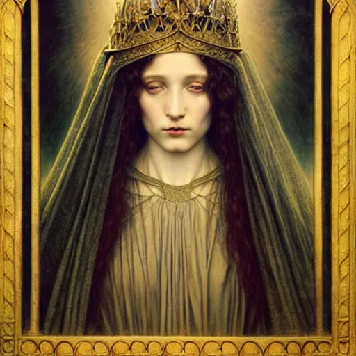 Prompt: detailed realistic beautiful young medieval queen face portrait by jean delville, tom bagshaw, brooke shaden, gustave dore and marco mazzoni, art nouveau, symbolist, visionary, gothic, pre - raphaelite, ornate gilded medieval icon, surreality, ethereal, unearthly