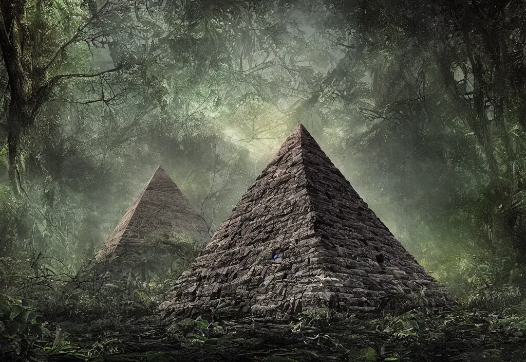 Image similar to a abandoned eerie pyramid in the jungle, dark, firefly, digital art,