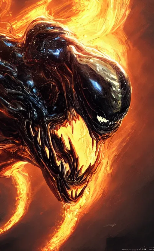 Image similar to venom as ghost rider, dynamic lighting, photorealistic fantasy concept art, trending on art station, stunning visuals, terrifying, creative, cinematic