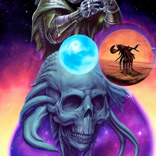 Image similar to skeletor and the dark crystal in space, 3 d, concept art