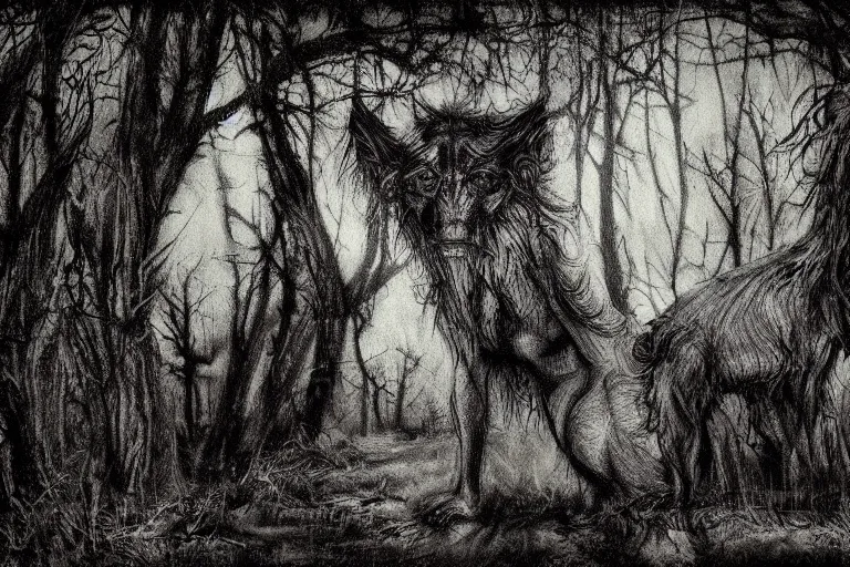 Image similar to mad creepy hellhound watching us in forest artwork by ben templesmith