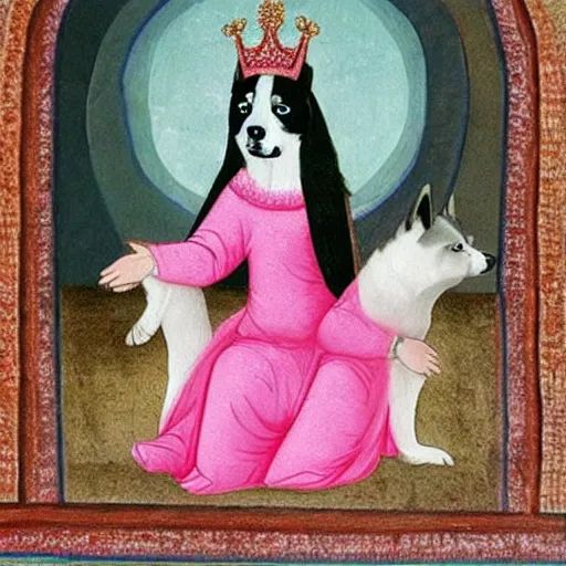 Image similar to derpy siberian husky dog princess in pink gown, medieval painting