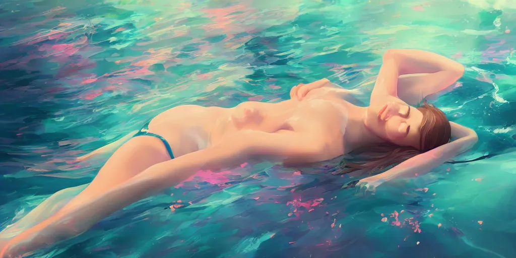 Prompt: a woman floating in water, draped wet fabric, vibrant colors, by Makoto Shinkai and Wojtek Fus, by studio trigger, rossdraws