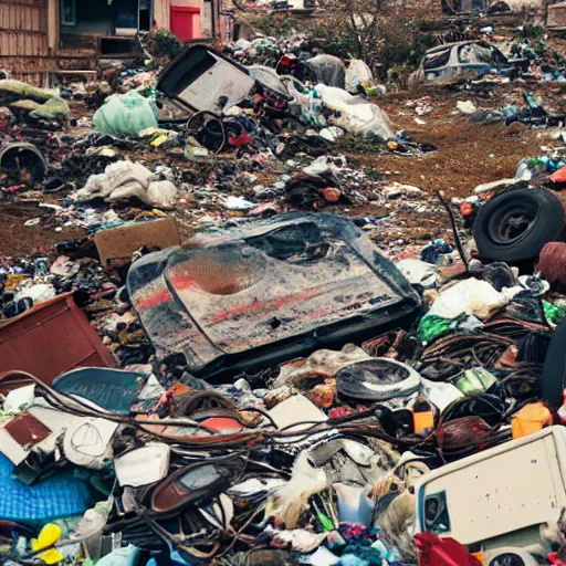 Image similar to view from ground level of a landscape full of junkyards, garbage heaps and recycled electronic gear all covered in a thin layer of transparent strawberry jelly